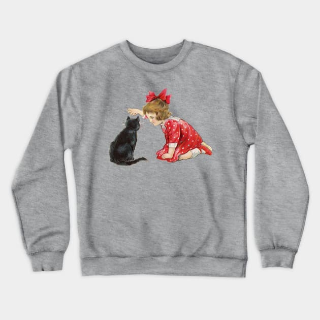 Little girl playing with black cat at Christmas Crewneck Sweatshirt by RedThorThreads